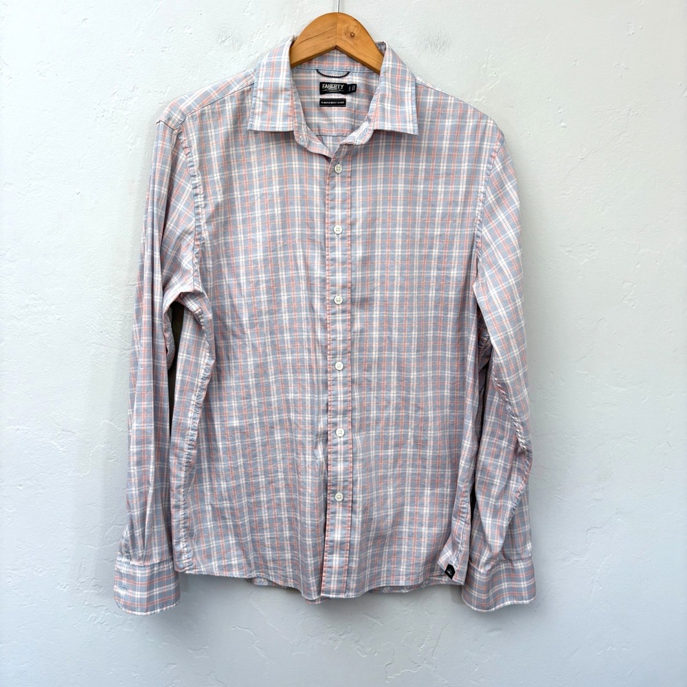 Faherty Movement Shirt Men Size Large Blue Peach Plaid Button Down Lightweight